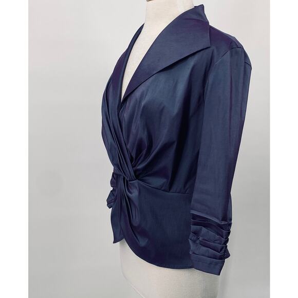 Tadashi Shoji Taffeta Twist Front Blouse Dramatic Wing Collar Slate Blue 14 - Picture 8 of 13
